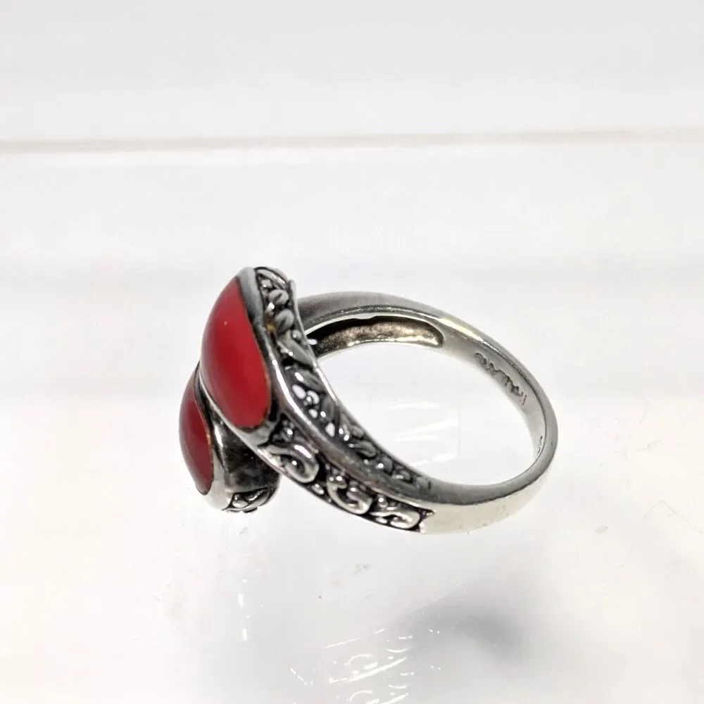 CHAPAL ZENRAY 925 Sterling Silver Vintage CORAL Bypass Ring Size 6.75-7